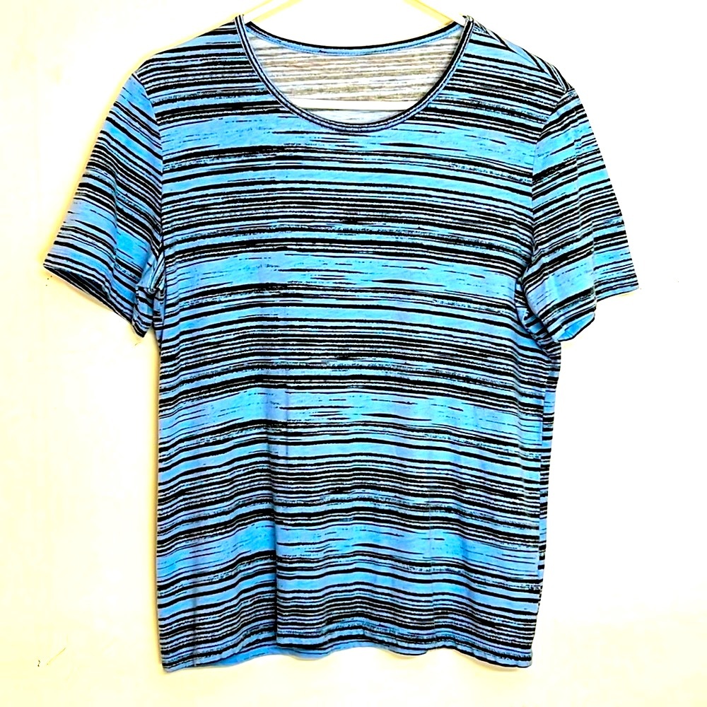 🌞 Blue & black striped scoop neck short sleeve pill over shirt tee relaxed men M